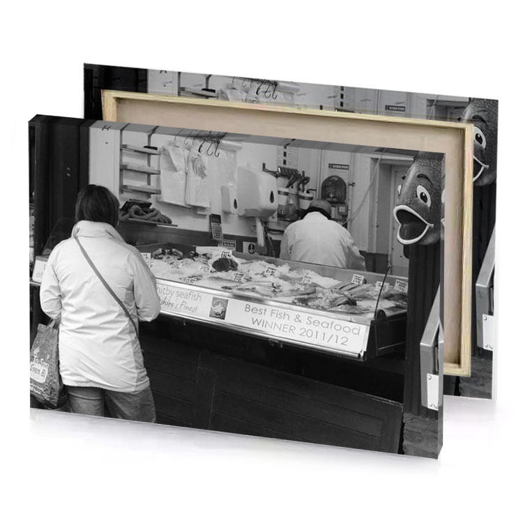 a woman standing in front of fish shop silver canvas