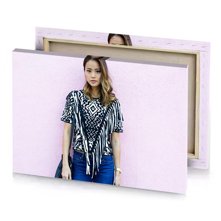 a woman standing in front of pink wall lavender canvas