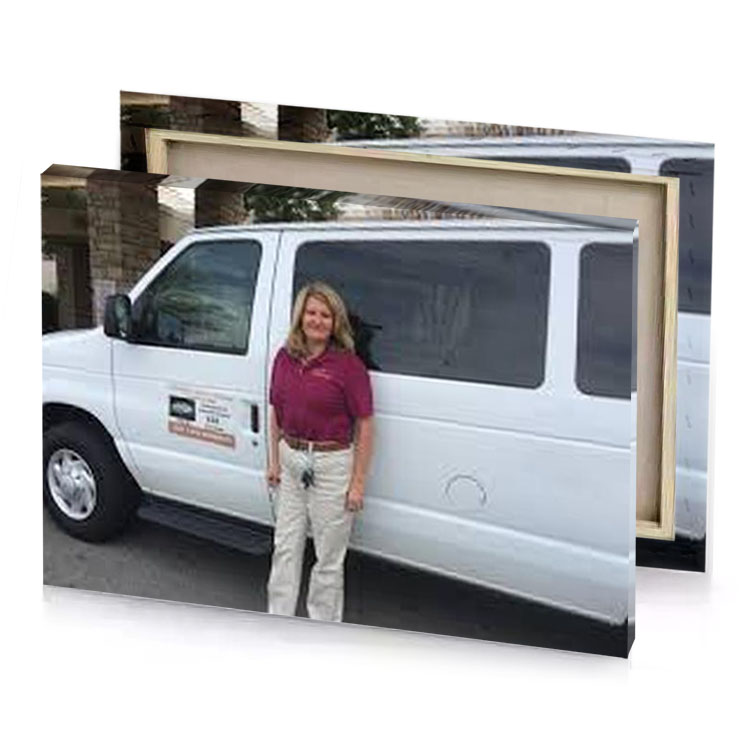 a woman standing in front of white van garnet canvas