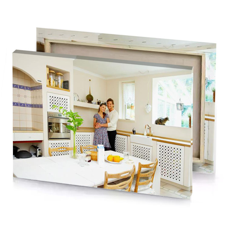 a woman standing in kitchen with pot of fruit olive drab canvas
