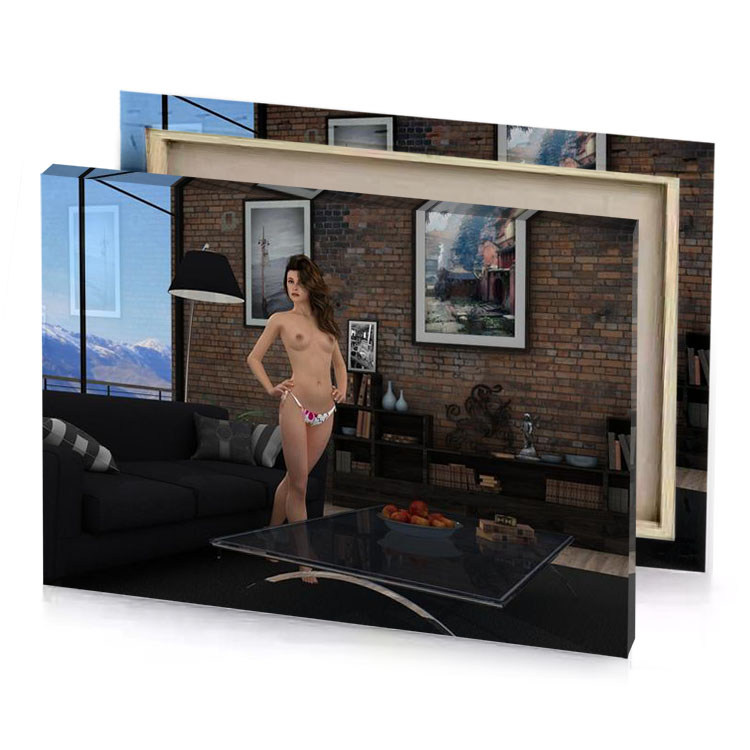 a woman standing in living room next to couch camouflage green canvas