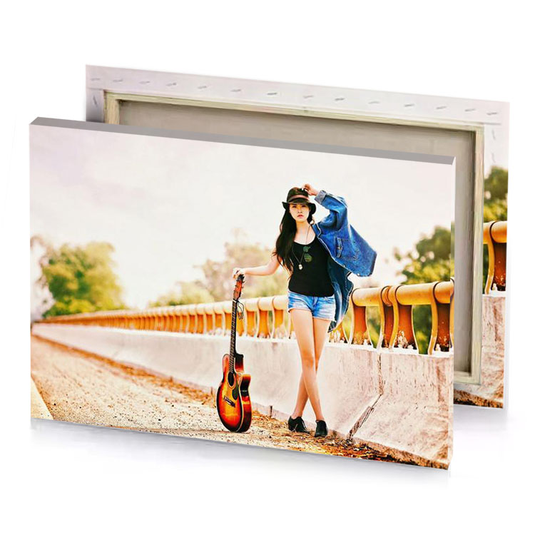 a woman standing on bridge with guitar pearl canvas