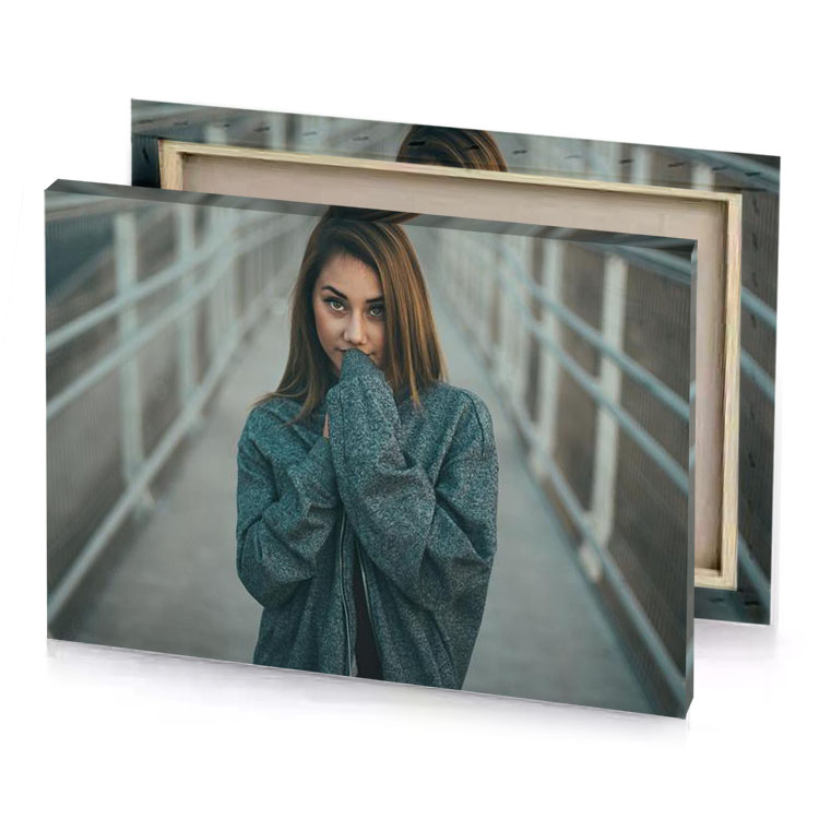 a woman standing on bridge with her hands face camouflage green canvas