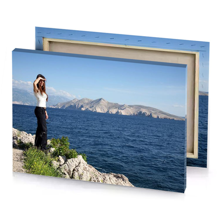 a woman standing on rock teal blue canvas