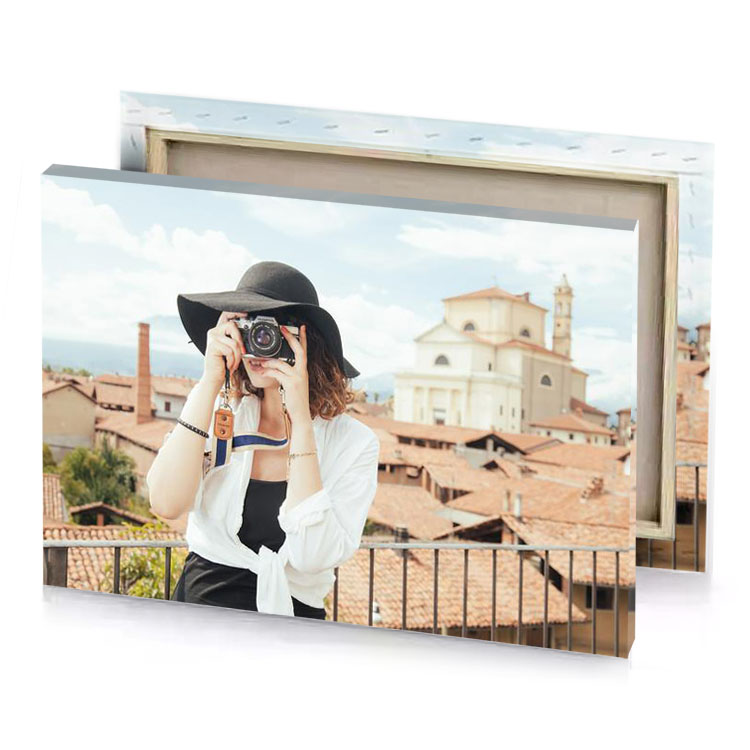 a woman taking picture of city apricot canvas