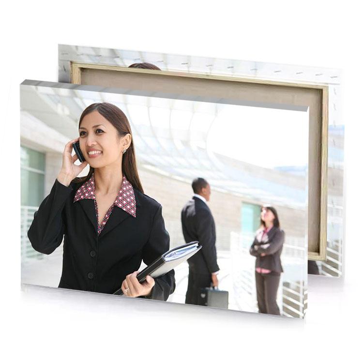 a woman talking on cell phone while standing in building white smoke canvas