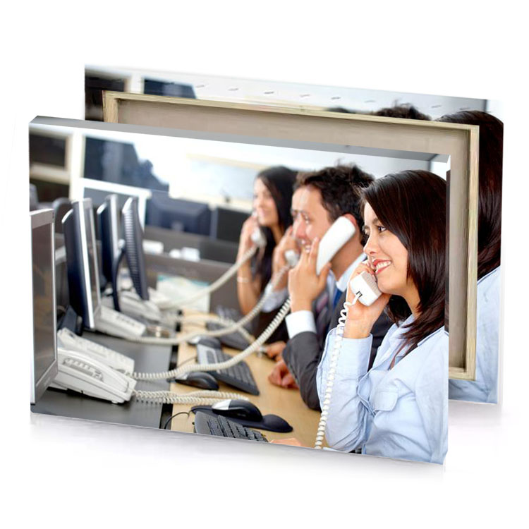 a woman talking on phone while sitting at desk white smoke canvas