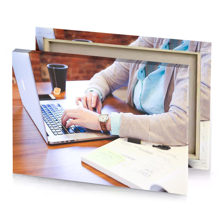 a woman typing on laptop computer white smoke canvas