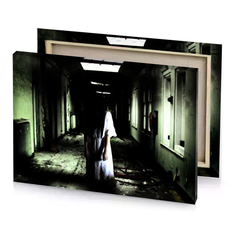 a woman walking down dark hallway white smoke canvas