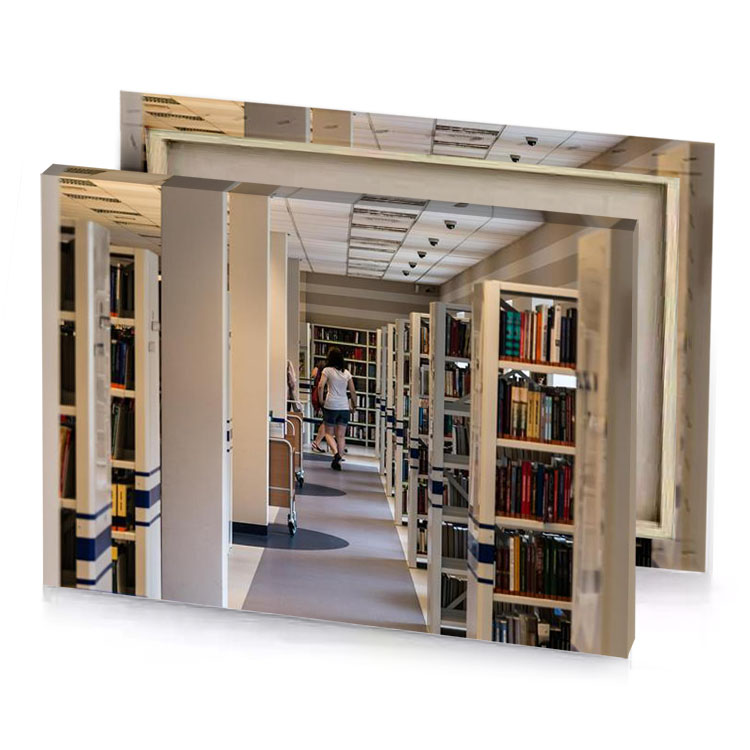 a woman walking down long hallway in library rosy brown canvas