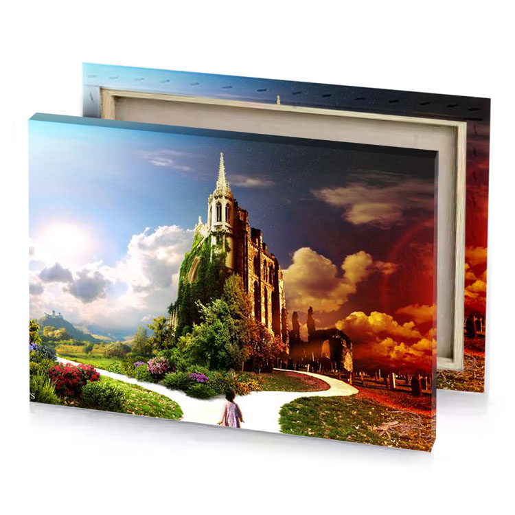 a woman walking down path in the middle of city copper canvas
