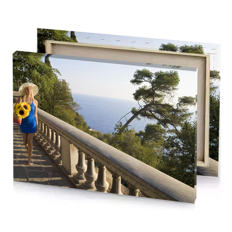 a woman walking down stone stairway manatee canvas