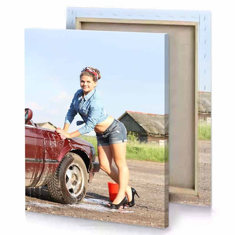 a woman washing her car with red bucket lavender canvas