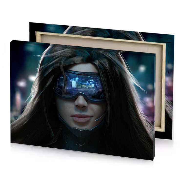 a woman wearing futuristic helmet and goggles smoky black canvas