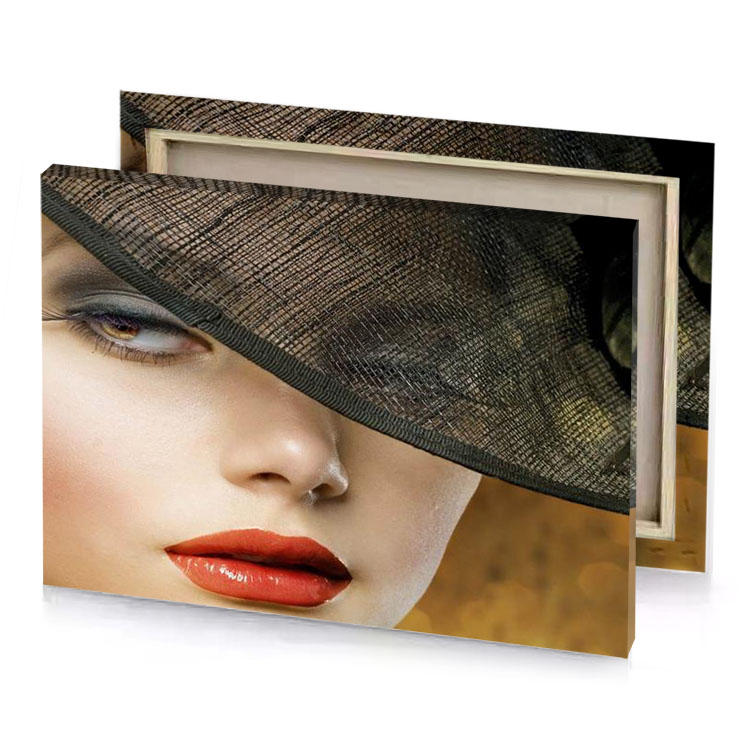 a woman wearing hat and red lipstick dark olive green canvas