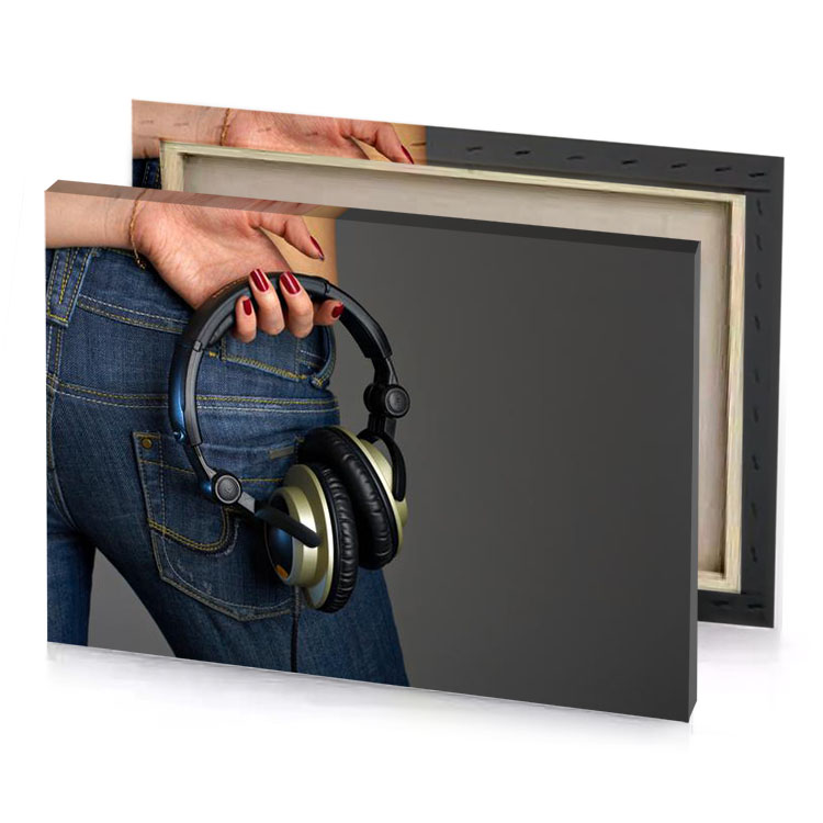 a woman wearing headphones and holding pair of jeans smoky black canvas