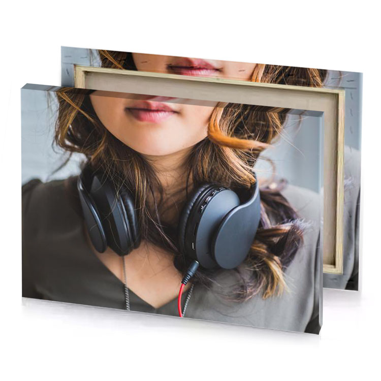 a woman wearing headphones bistre canvas