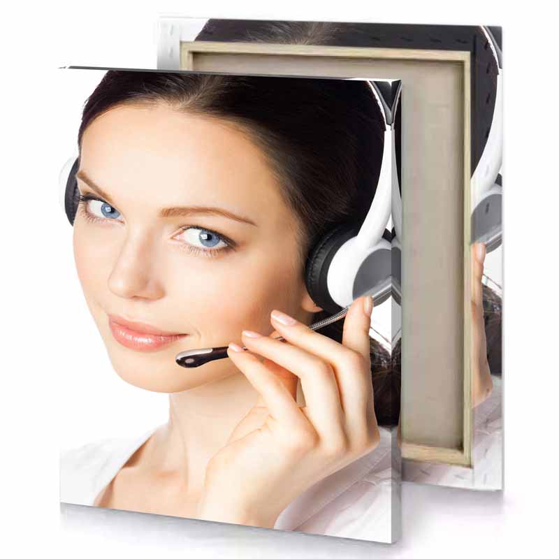 a woman wearing headset and talking on cell snow canvas