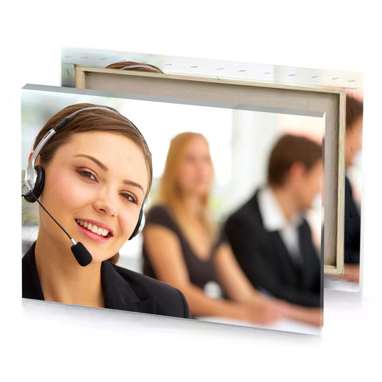 a woman wearing headset in front of group people white smoke canvas