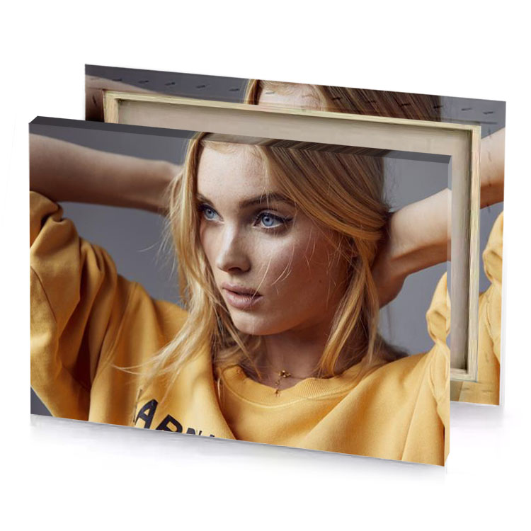 a woman wearing yellow sweatshirt with the word i love bistre canvas