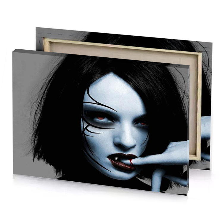 a woman with black hair and red eyes smoky canvas