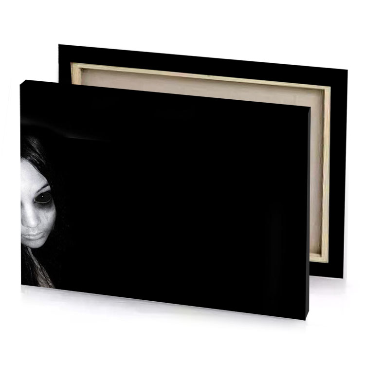 a woman with black hair and white makeup silver canvas