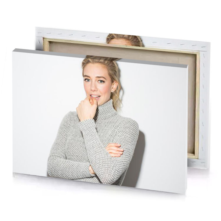 a woman with blonde hair and gray sweater white smoke canvas