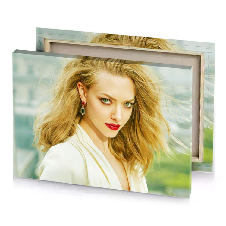 a woman with blonde hair and green eyes silver canvas