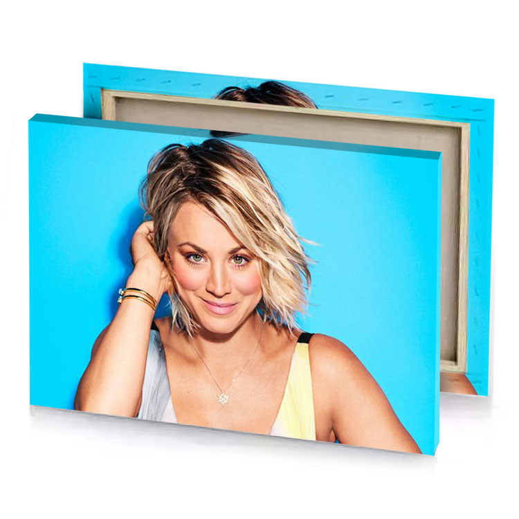 a woman with blonde hair bright turquoise canvas