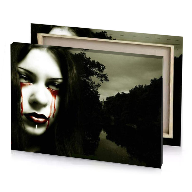 a woman with blood on her face and dark background smoky black canvas