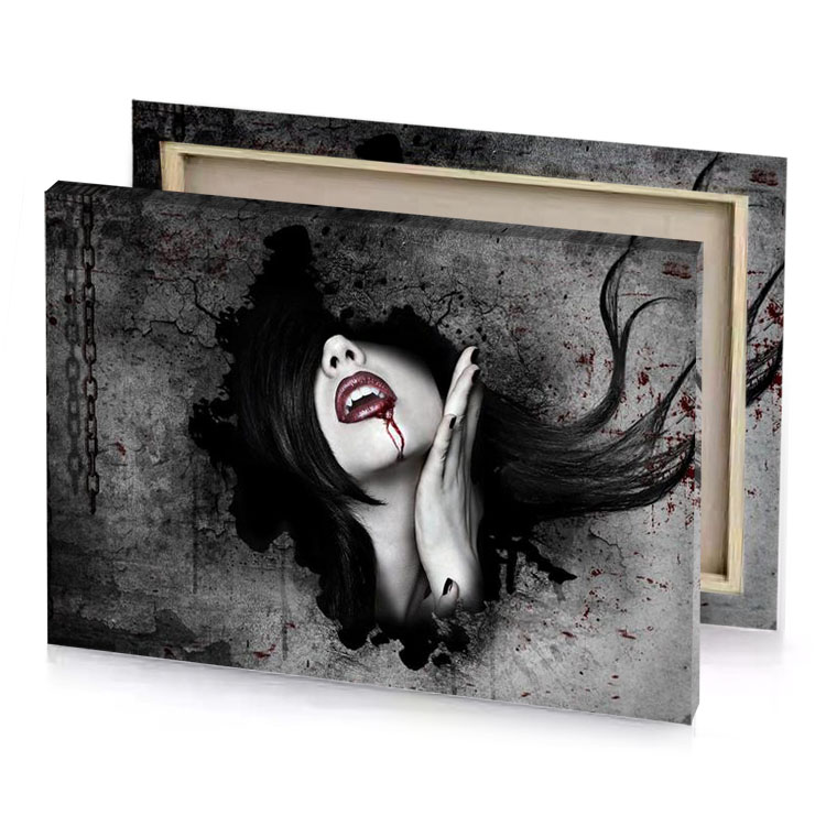 a woman with blood on her face and mouth silver canvas