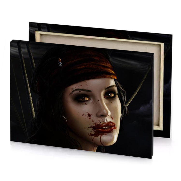 a woman with blood on her face and red headband smoky black canvas