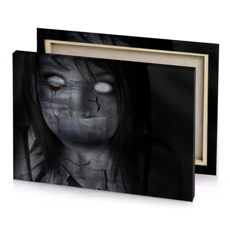 a woman with bloody face and black background charcoal canvas