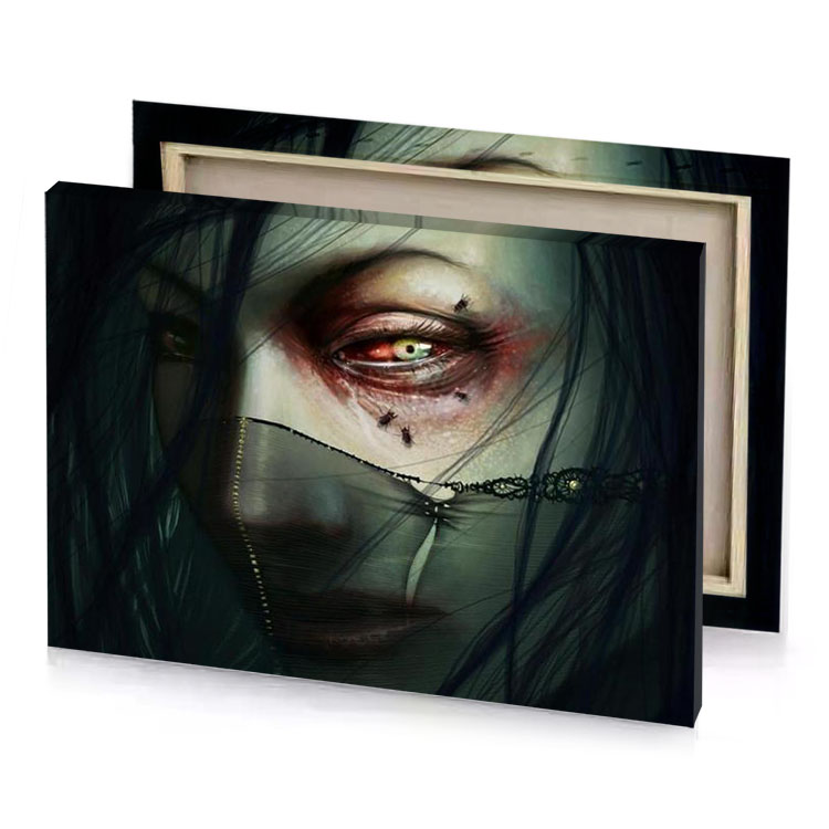 a woman with bloody face and chain around her neck silver canvas