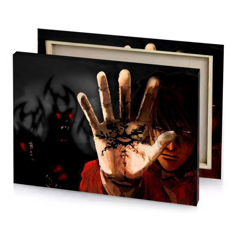 a woman with bloody face and hands smoky black canvas