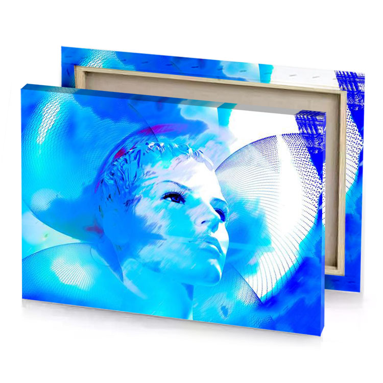 a woman with blue and white background jeans canvas
