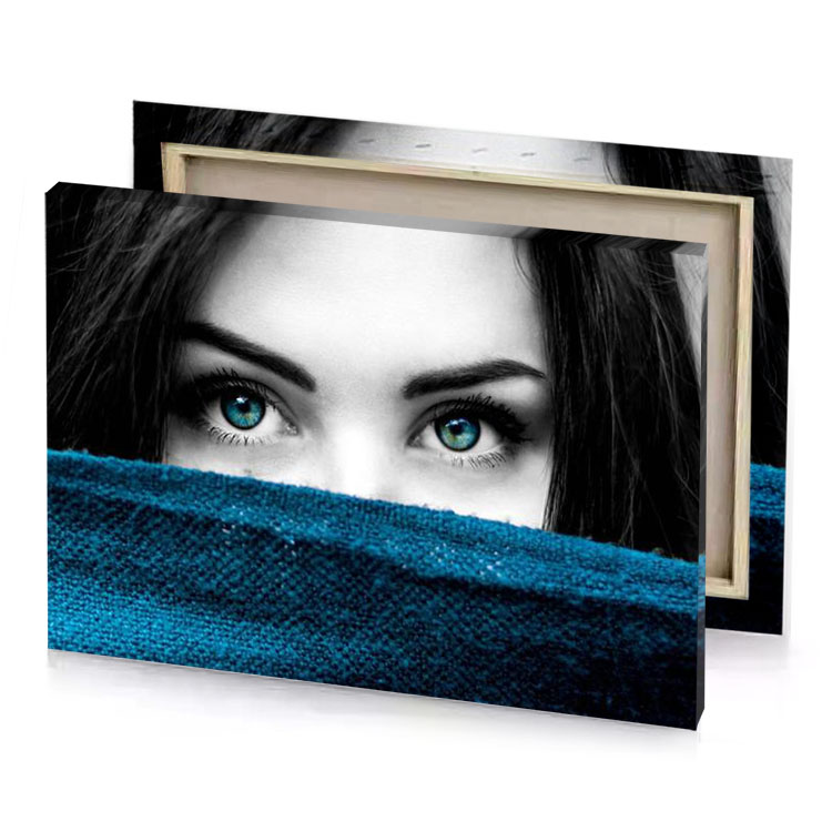 a woman with blue eyes hiding behind blanket prussian canvas