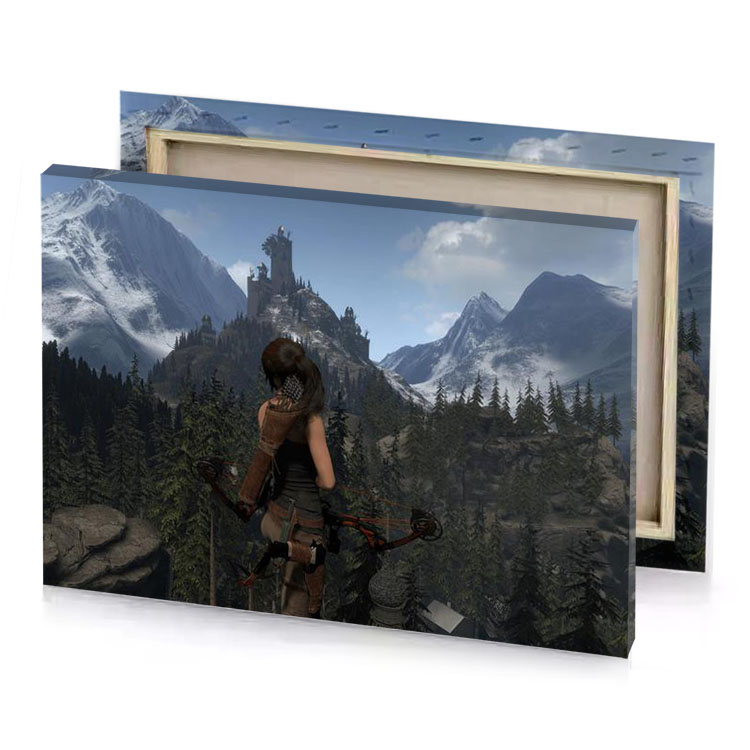 a woman with bow stands on mountain bistre canvas