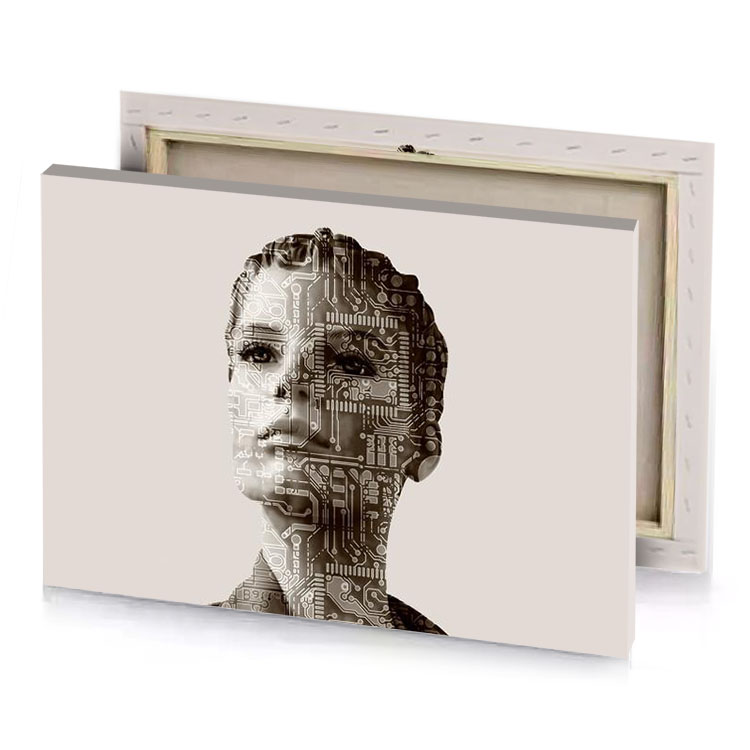 a woman with circuit on her face dark olive green canvas