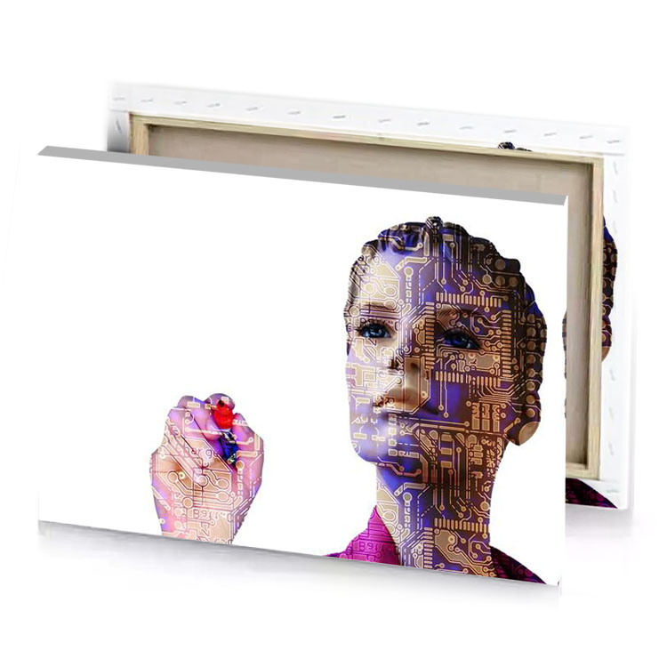 a woman with circuit on her face white canvas