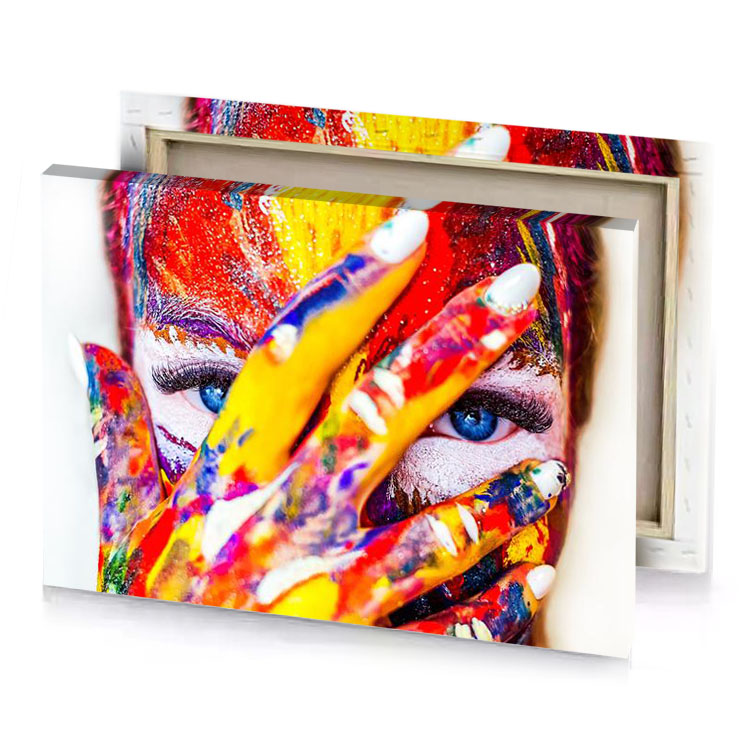 a woman with colorful paint on her face golden poppy canvas