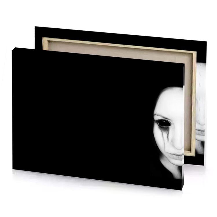 a woman with creepy face in the dark black canvas