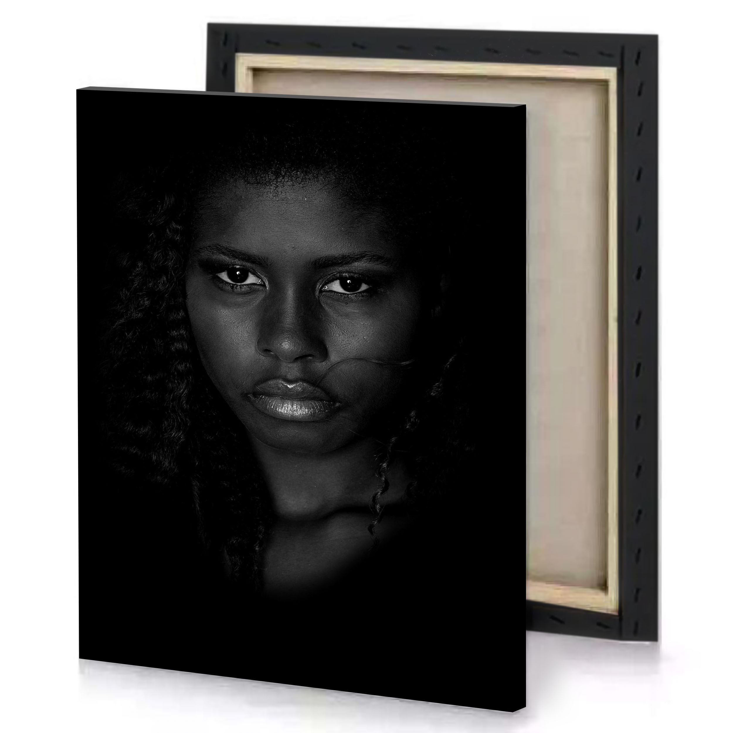 a woman with dark hair and black background canvas