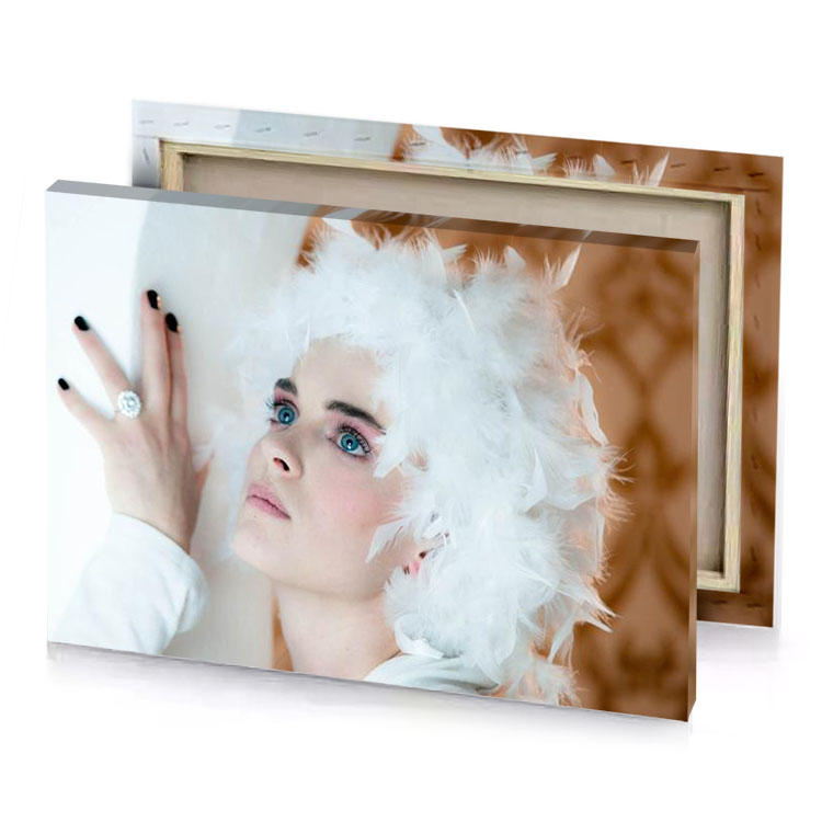 a woman with feather hat and ring lavender canvas