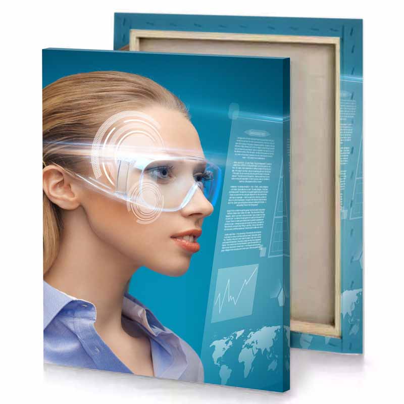 a woman with futuristic face and glasses blue sapphire canvas