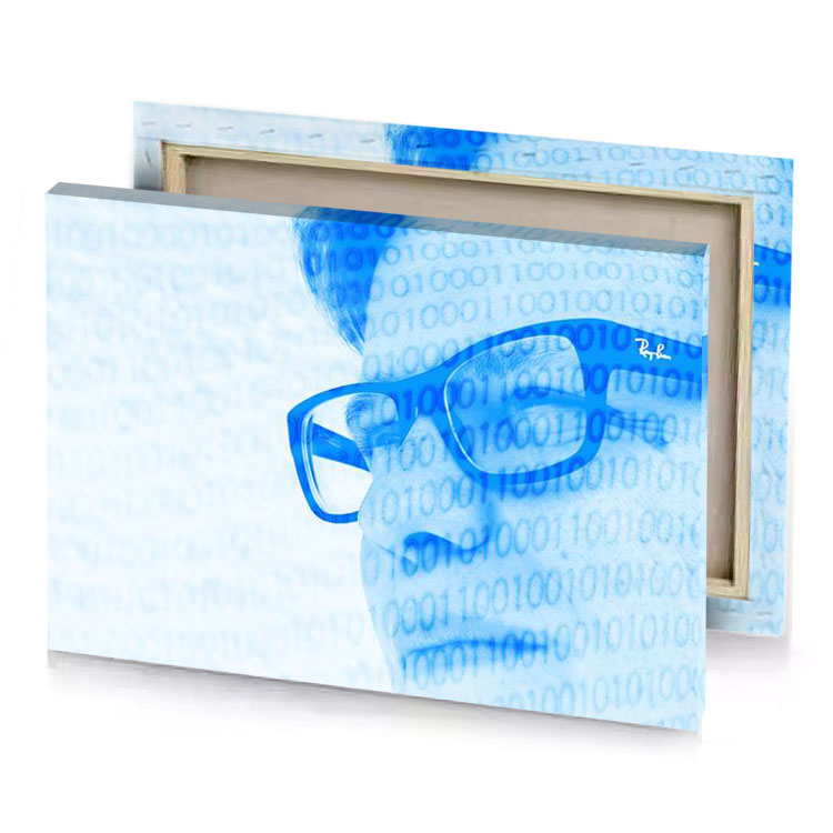 a woman with glasses and binary code dodger blue canvas