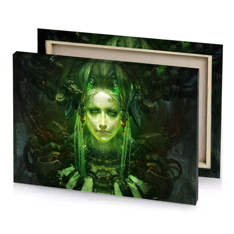 a woman with green hair and face bistre canvas