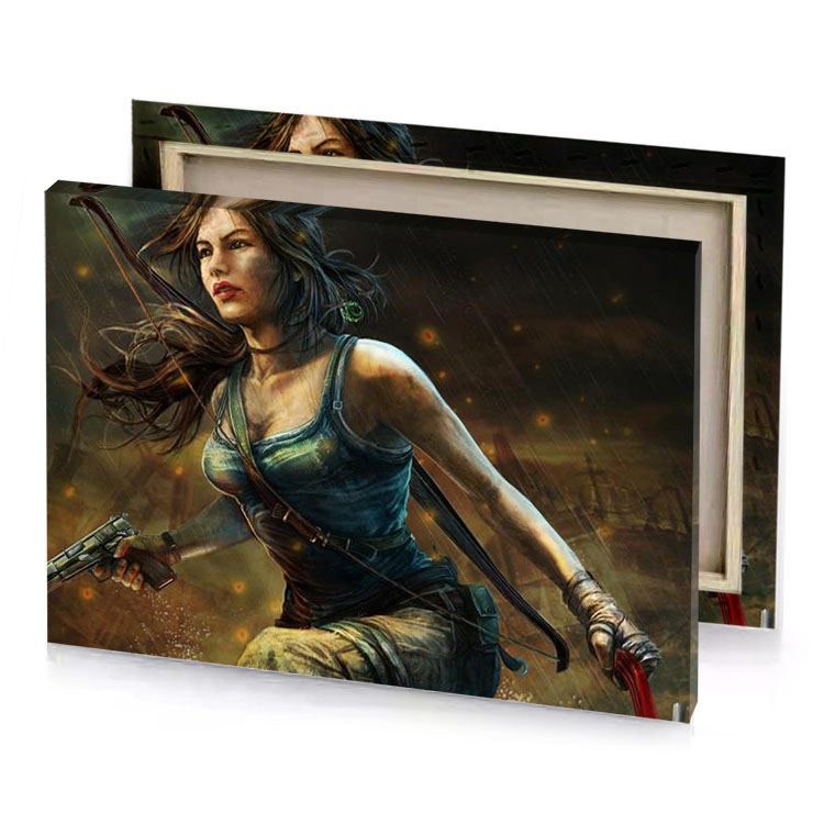 a woman with gun and knife bistre canvas