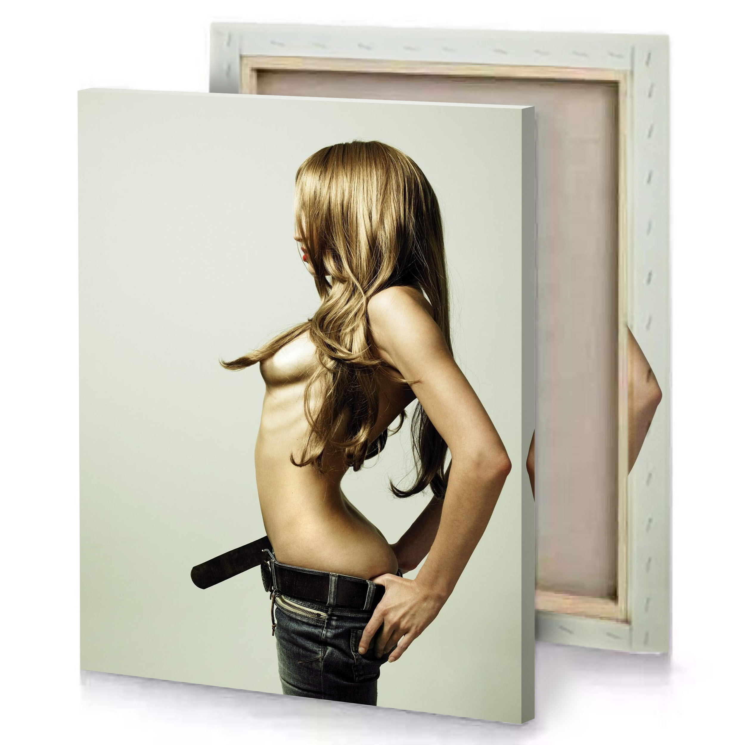 a woman with gun in her hand tan canvas