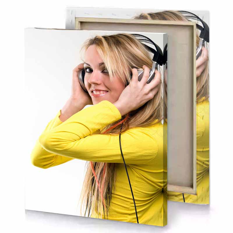 a woman with headphones on dark golden rod canvas